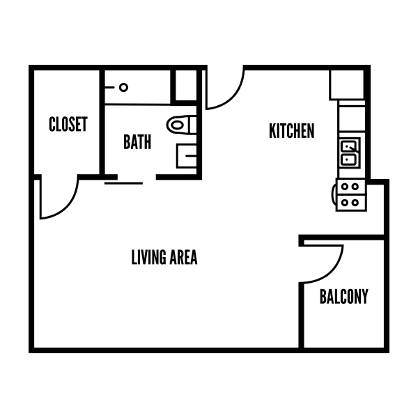 3D floor plan of B, a 0 bed, 1 bath apartment