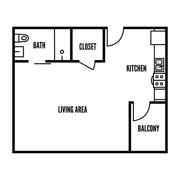 3D floor plan of D, a 0 bed, 1 bath apartment
