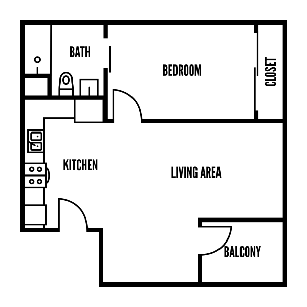 3D floor plan of E, a 1 bed, 1 bath apartment