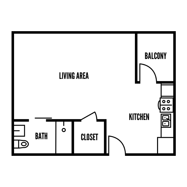 3D floor plan of H, a 0 bed, 1 bath apartment